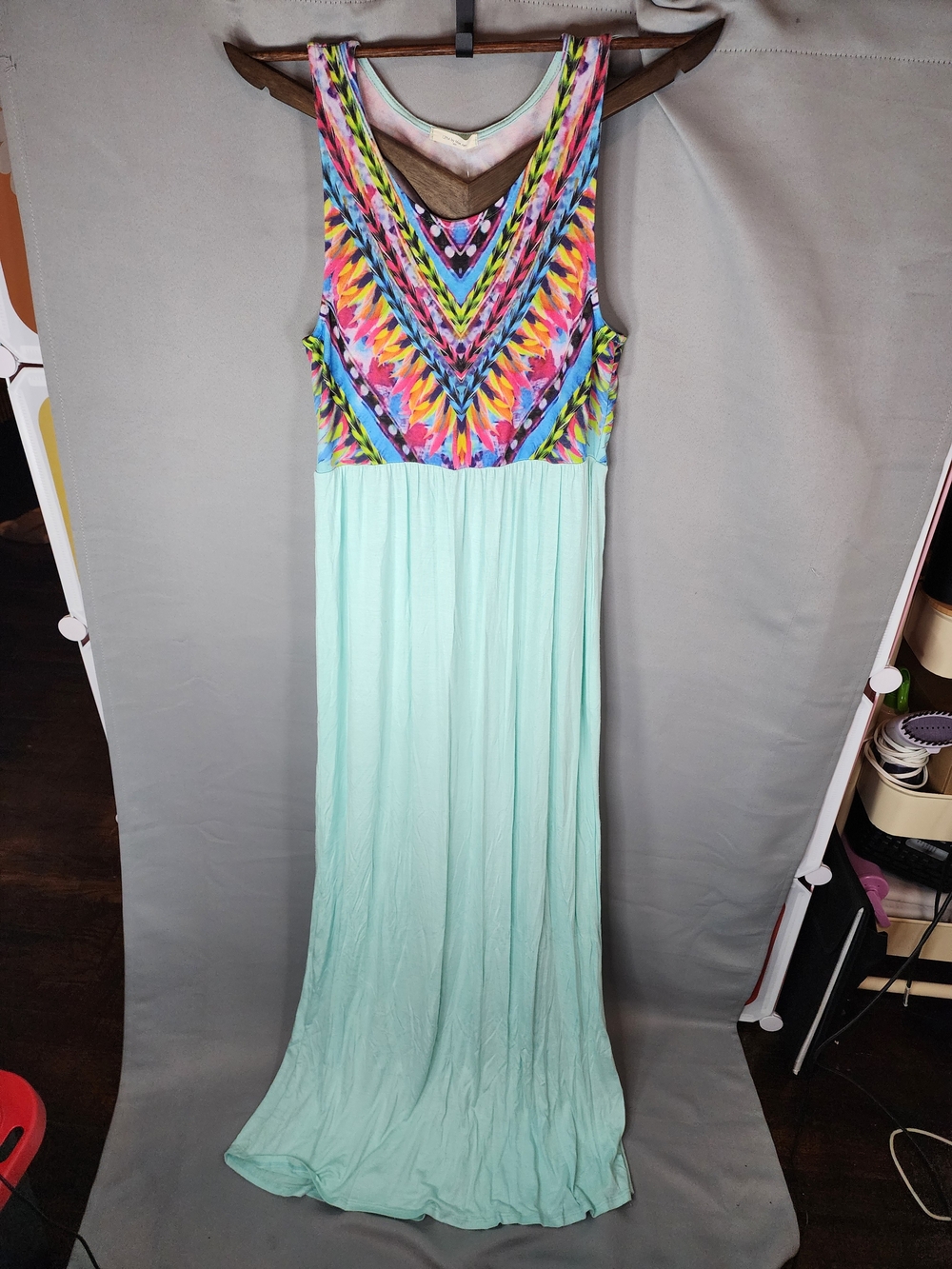 12 Pm By Mon Ami Mint Maxi Dress with Colorful Printed Bodice